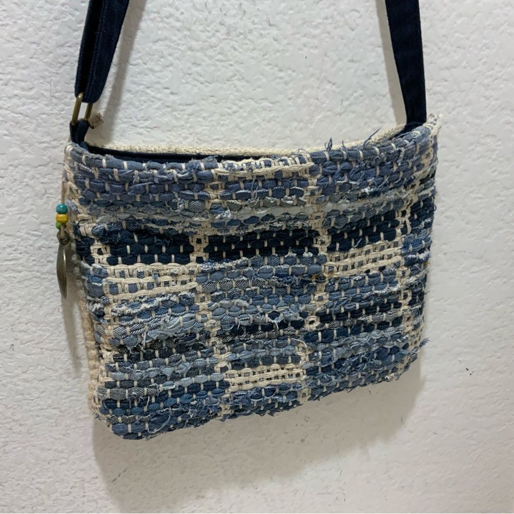Catori "Boho" 100% Cotton Blue Denim/Beige Woven Rag Rug Crossbody/Shoulder Bag - Picture 2 of 11